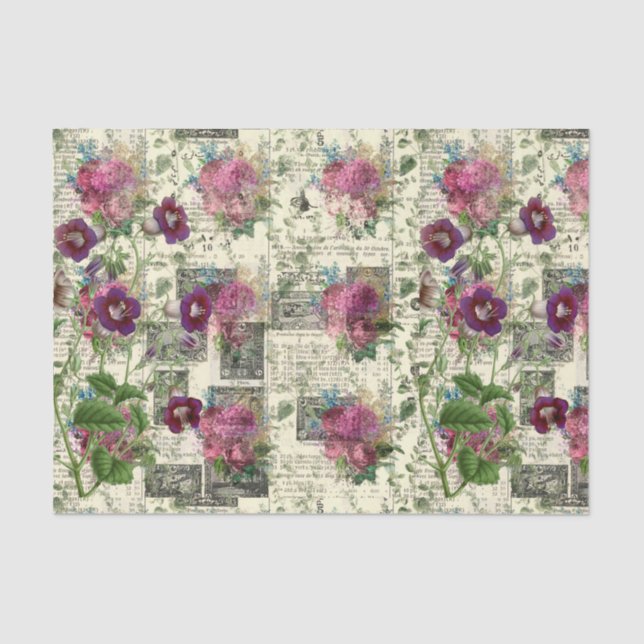 Purple Floral Ephemera Collage Tissue Paper (Front)