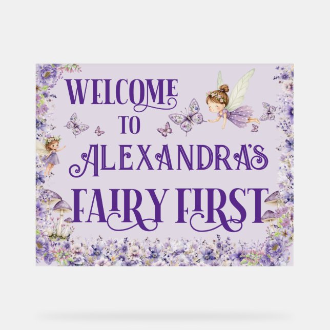 Purple Floral Fairy First 11x14 Birthday Welcome Acrylic Sign (Front)