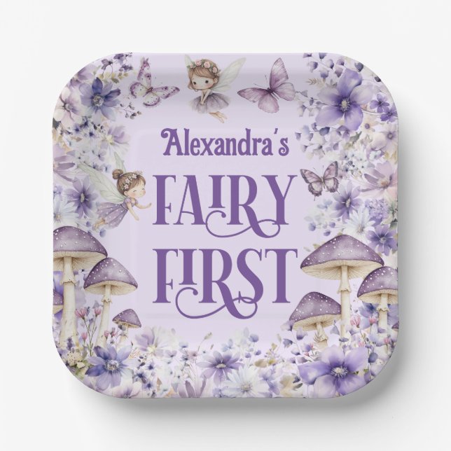 Purple Floral Fairy First Birthday Square  Paper Plate (Front)