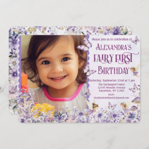 Purple Floral Fairy First Photo Birthday Invitation
