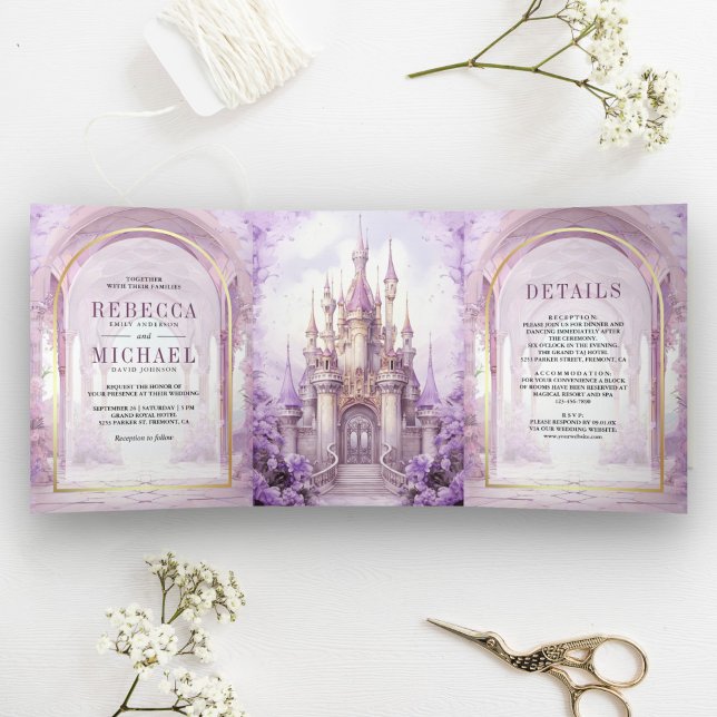 Purple Floral Fairytale Castle All in One Wedding Tri-Fold Invitation (Creator Uploaded)