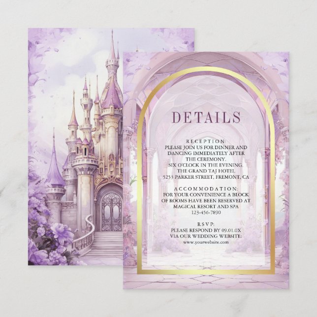 Purple Floral Fairytale Castle Wedding Details Enclosure Card (Front/Back)