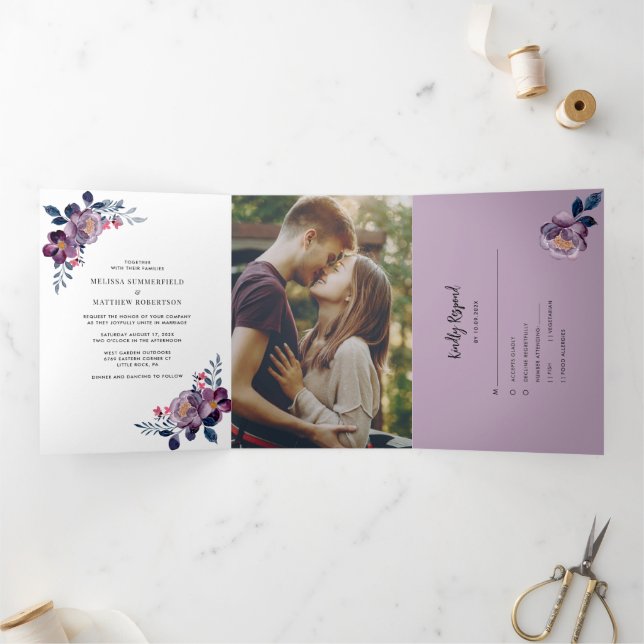 Purple Floral Fall Script Geometric Wedding Tri-Fold Invitation (Inside)