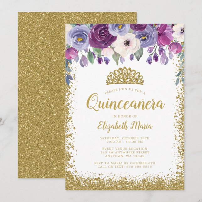 Purple Floral Faux Gold Glitter Tiara Quinceanera Invitation (Front/Back)