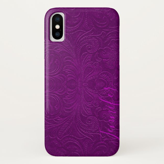 Purple Floral Faux Suede Leather Look Monogram Case-Mate iPhone Case (Back)