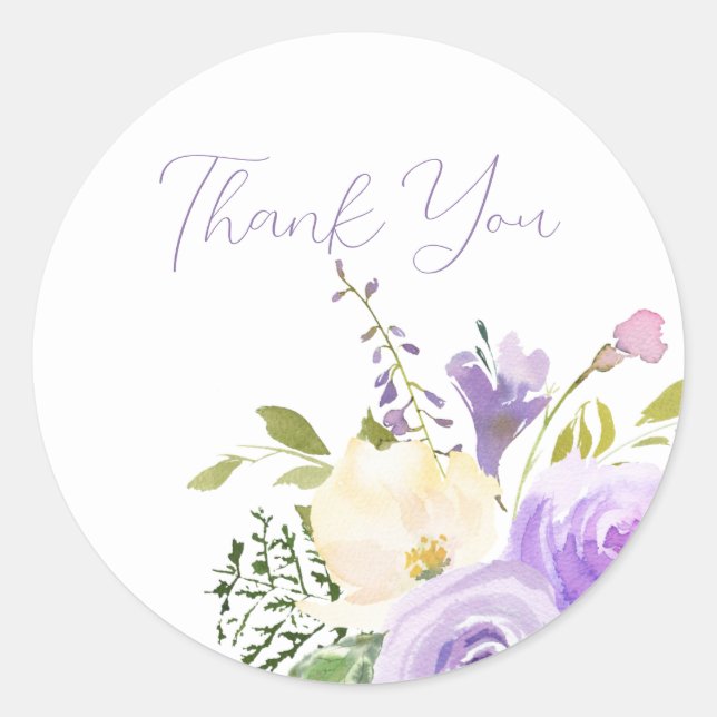 Purple Floral Favour Bag Thank You Classic Round Sticker (Front)