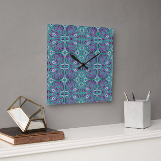 Purple Floral Feminine Flower Pattern on Turquoise Square Wall Clock