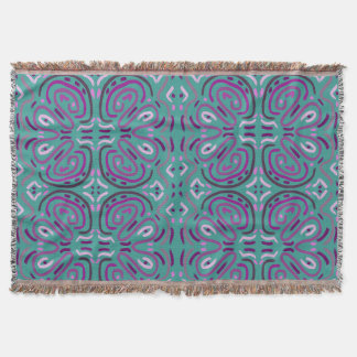 Purple Floral Feminine Flower Pattern on Turquoise Throw Blanket