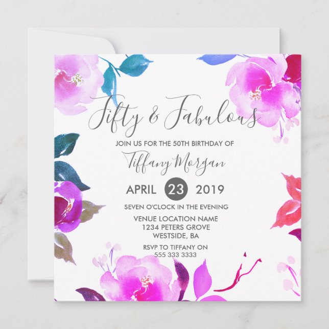 Purple Floral Fifty & Fabulous 50th Birthday Party Invitation (Front)
