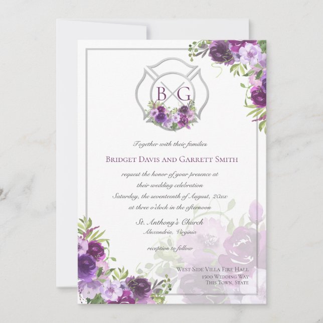 Purple Floral Fire Fighter Monogram Invitation (Front)