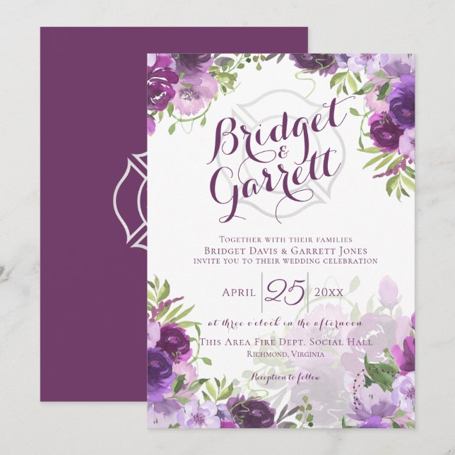 Purple Floral Fire Fighter Monogram Invitation (Front/Back)