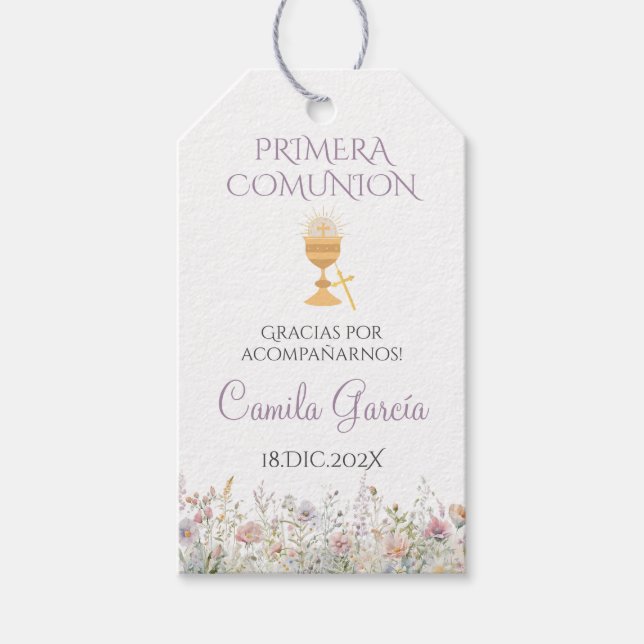 Purple Floral First Communion Gift Tag (Front)