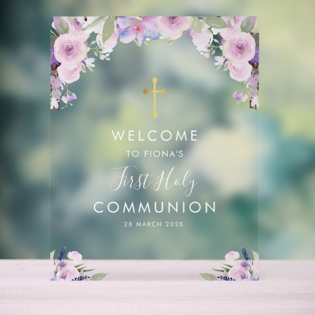 Purple floral first communion welcome acrylic sign (Neutral)