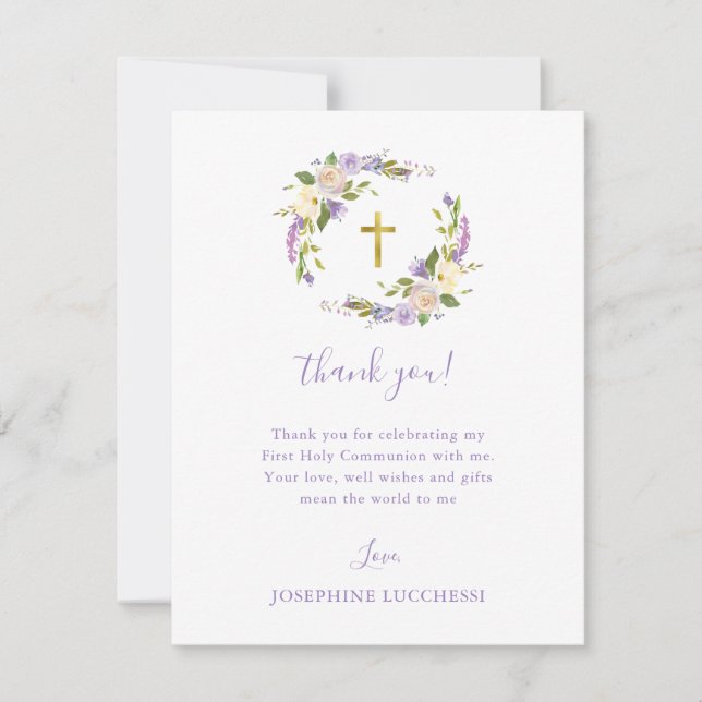 Purple Floral First Holy Communion Custom  Card (Front)