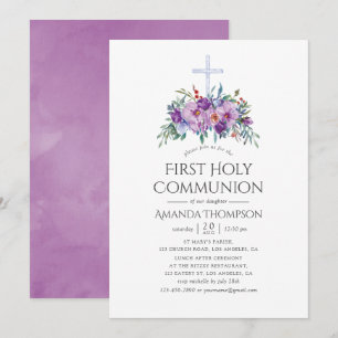 Purple Floral First Holy Communion Invitation