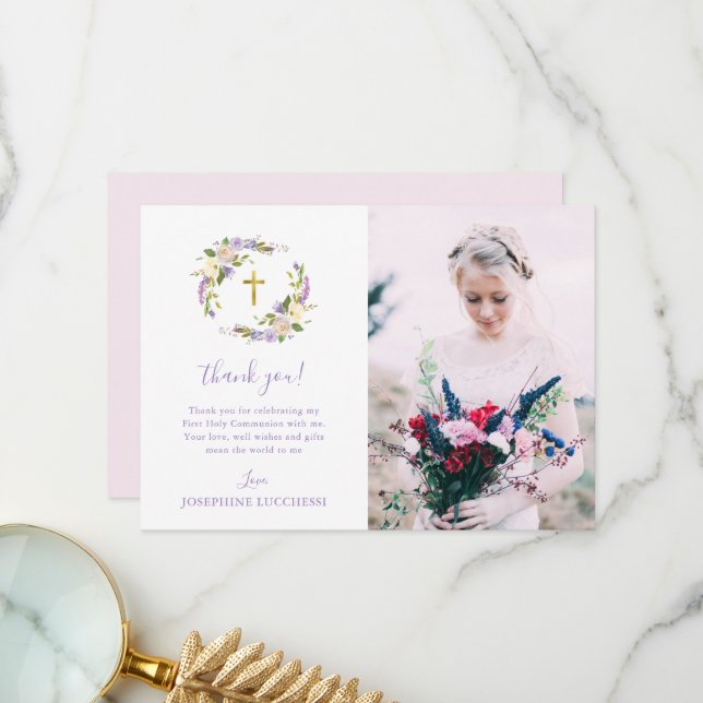 Purple Floral First Holy Communion Photo Thank You Card (Front/Back In Situ)