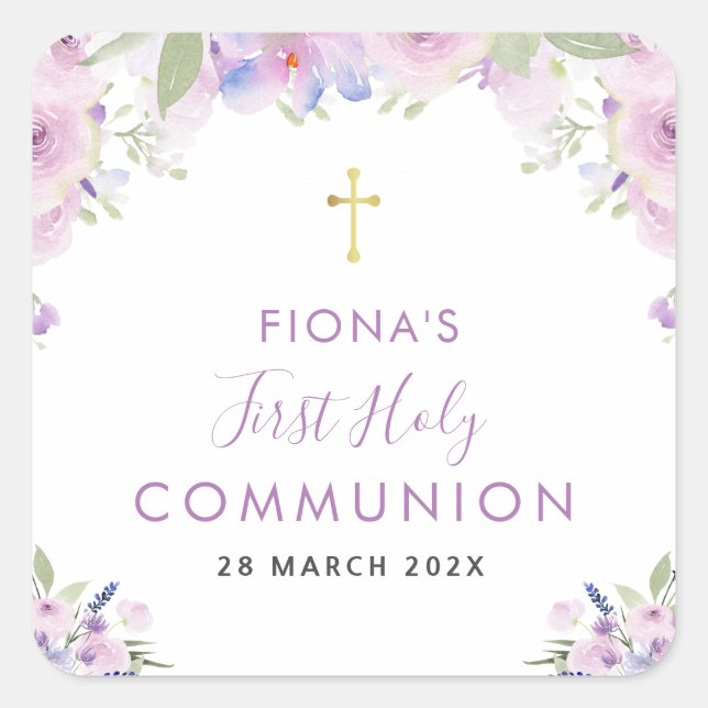 purple floral first holy communion square sticker (Front)