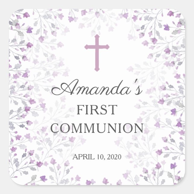 Purple Floral First Holy Communion Sticker (Front)