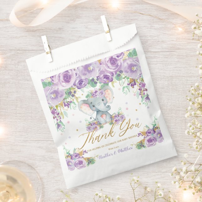 Purple Floral Flowers Cute Elephant Baby Shower Favour Bags (Clipped)