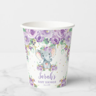 Purple Floral Flowers Cute Elephant Baby Shower Paper Cups