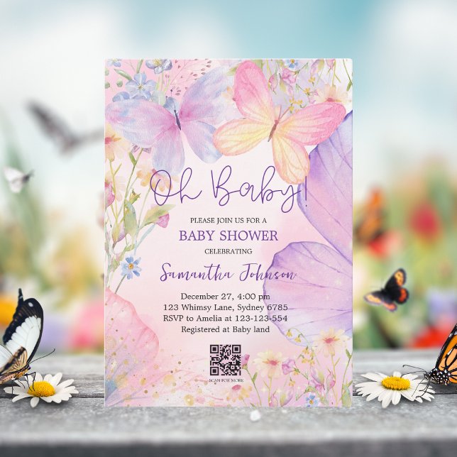 Purple floral flowers little butterfly baby Shower Invitation (Creator Uploaded)