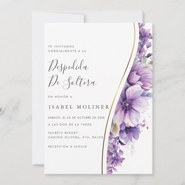 Purple Floral Foliage Gold Spanish Bridal Shower Invitation (Front)