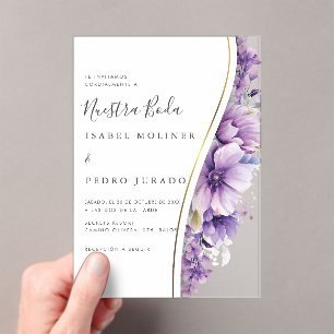 Purple Floral Foliage Nuestra Boda Spanish Wedding Acrylic Invitations
