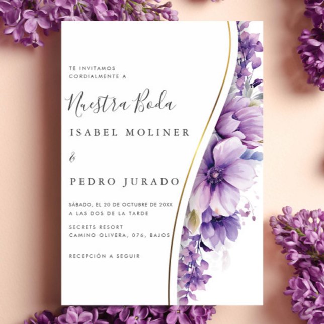 Purple Floral Foliage Nuestra Boda Spanish Wedding Invitation (Creator Uploaded)