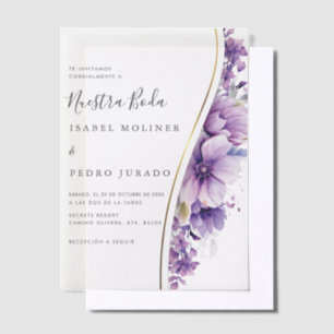 Purple Floral Foliage Nuestra Boda Spanish Wedding Vellum Invitations