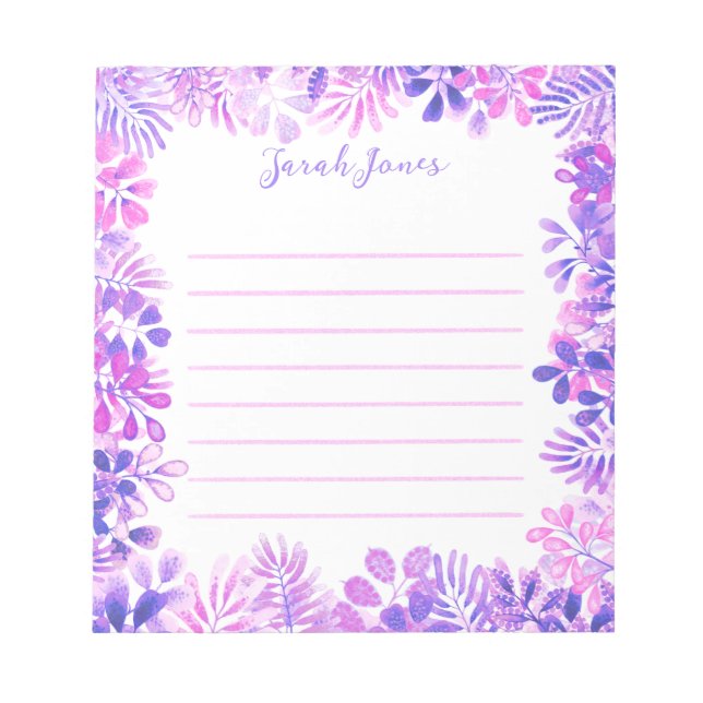 Purple Floral Foliage Watercolor Leaves Lined Notepad (Front)