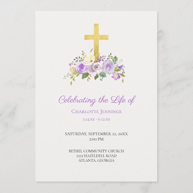 Purple Floral Funeral Memorial Order of Service Programme (Front)