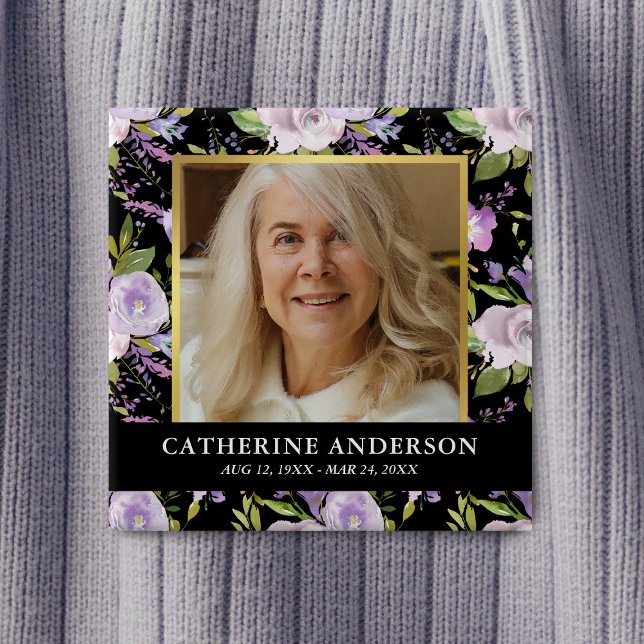 Purple Floral Funeral Memorial Photo Button (Creator Uploaded)