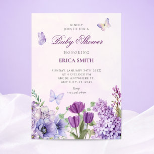 Purple floral garden baby shower invitation