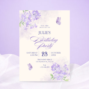 Purple floral garden birthday invitation
