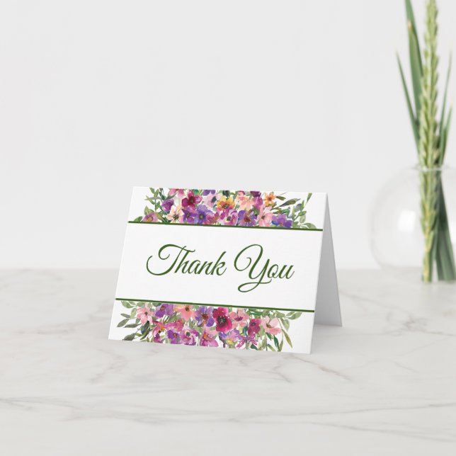 Purple Floral Garden Border Thank You Card (Front)