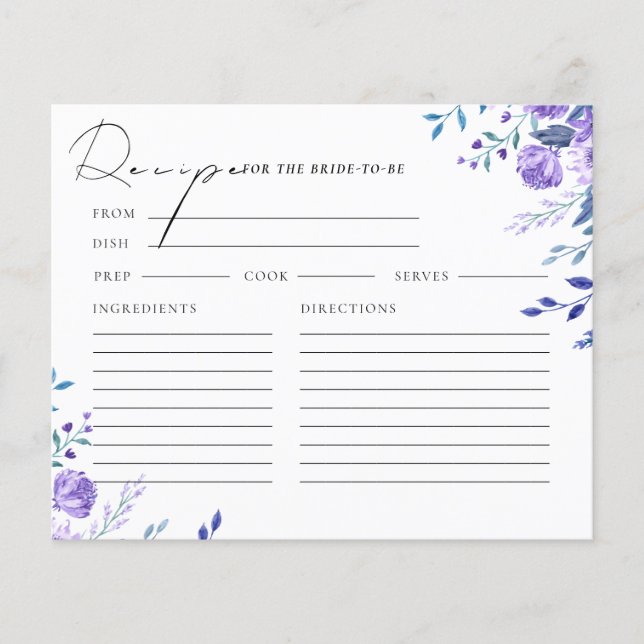 Purple Floral Garden Bridal Shower Recipe Card (Front)