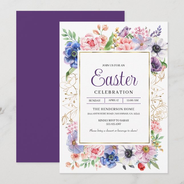 Purple Floral Garden Easter Celebration Invitation (Front/Back)