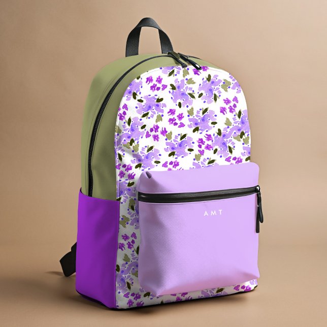 Purple Floral Garden Personalised Name Initial Printed Backpack (Purple and green watercolor Floral Garden personalized school backpack.)