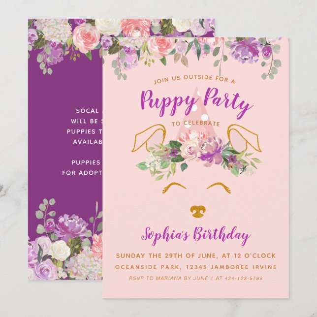Purple Floral Garden Puppy Party Birthday Gold Invitation (Front/Back)
