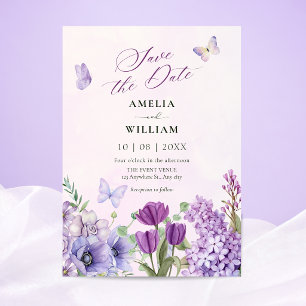 Purple floral garden wedding save the date