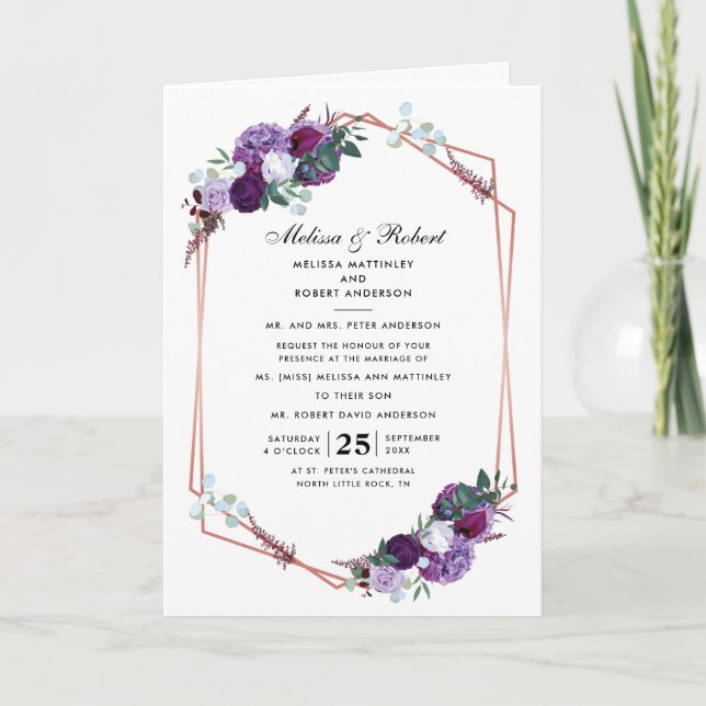 Purple Floral Geometric Bloom Wedding Invitation (Front)