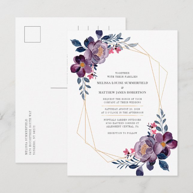 Purple Floral Geometric Botanical Wedding Invitation Postcard (Front/Back)