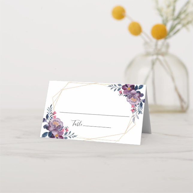 Purple Floral Geometric Botanical Wedding Place Card (Front)