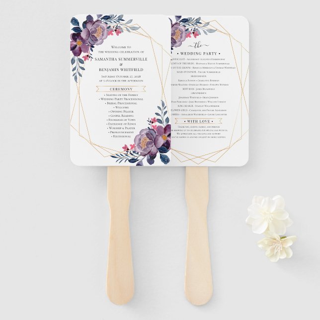 Purple Floral Geometric Botanical Wedding Program Hand Fan (Front and Back)