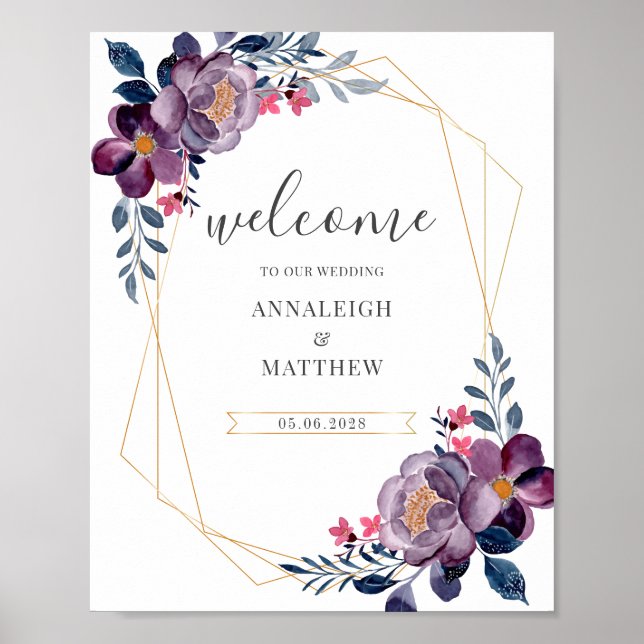 Purple Floral Geometric Botanical Wedding Sign (Front)