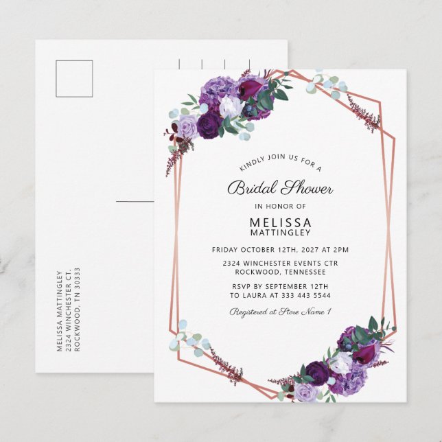 Purple Floral Geometric Frame Bridal Shower Invitation Postcard (Front/Back)