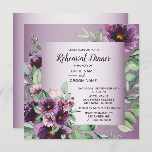 Purple Floral Geometric Greenery Rehearsal Dinner  Invitation (Front/Back)