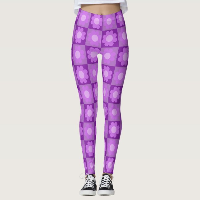 Purple Floral Geometric Pattern Leggings (Front)