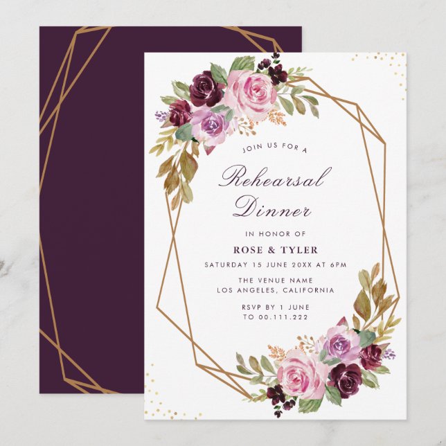 purple floral geometric rehearsal dinner invitation (Front/Back)