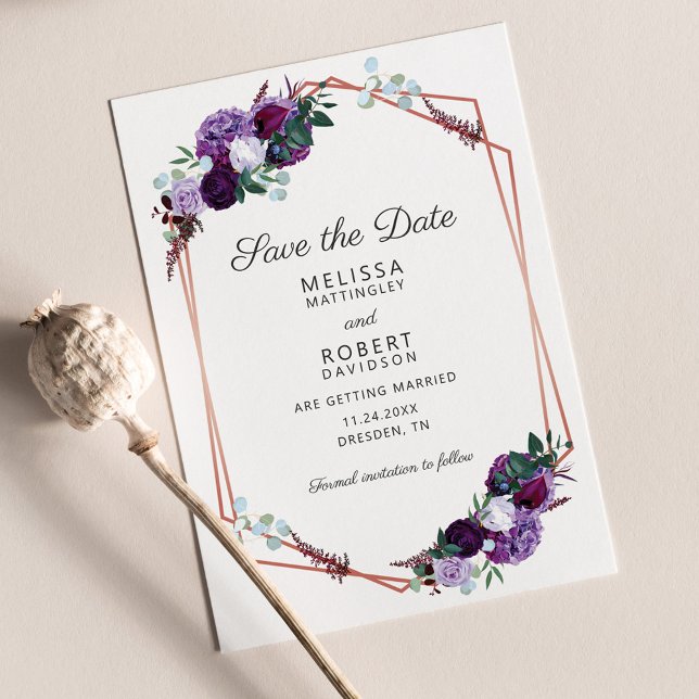 Purple Floral Geometric Script Save the Date (Purple Floral Geometric Wedding Save the Date Announcement)